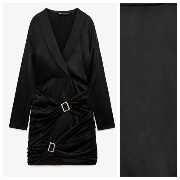 NWT. Zara Black Satin Effect Mini Dress with Rhinestone Appliqués. Size XXL. - Picture 6 of 11